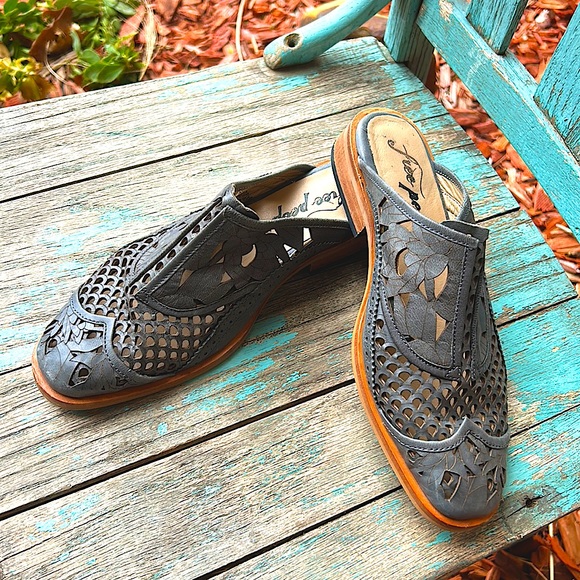 Free People Shoes - Free People size 37 Charcoal Leather Paramount Slip on Laser Cut Mules